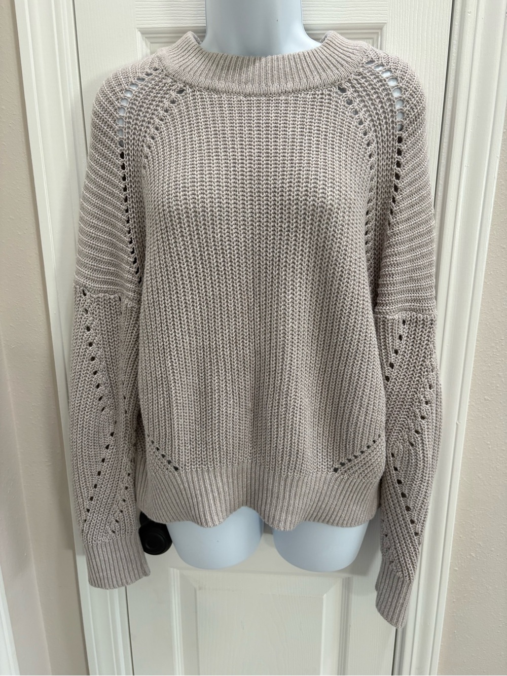 Express Open-Stitch Crewneck Sweater in Taupe